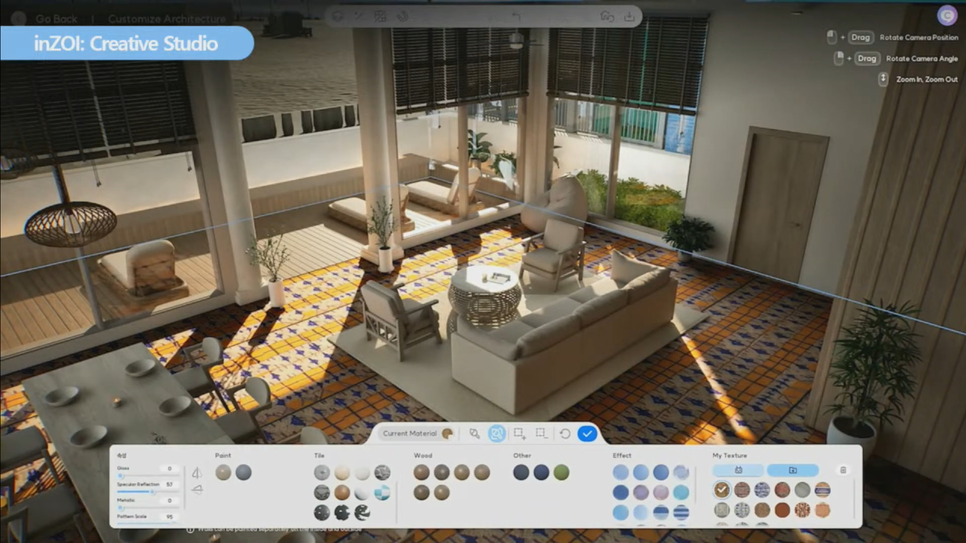 Inzoi-In-In-In-In-Sims-komparizonları-Build-Mode-Textures Inzoi Röportajı - Oyunun yapı modu ile bir açık plan oturma odası ve lokanta oluşturuluyor.