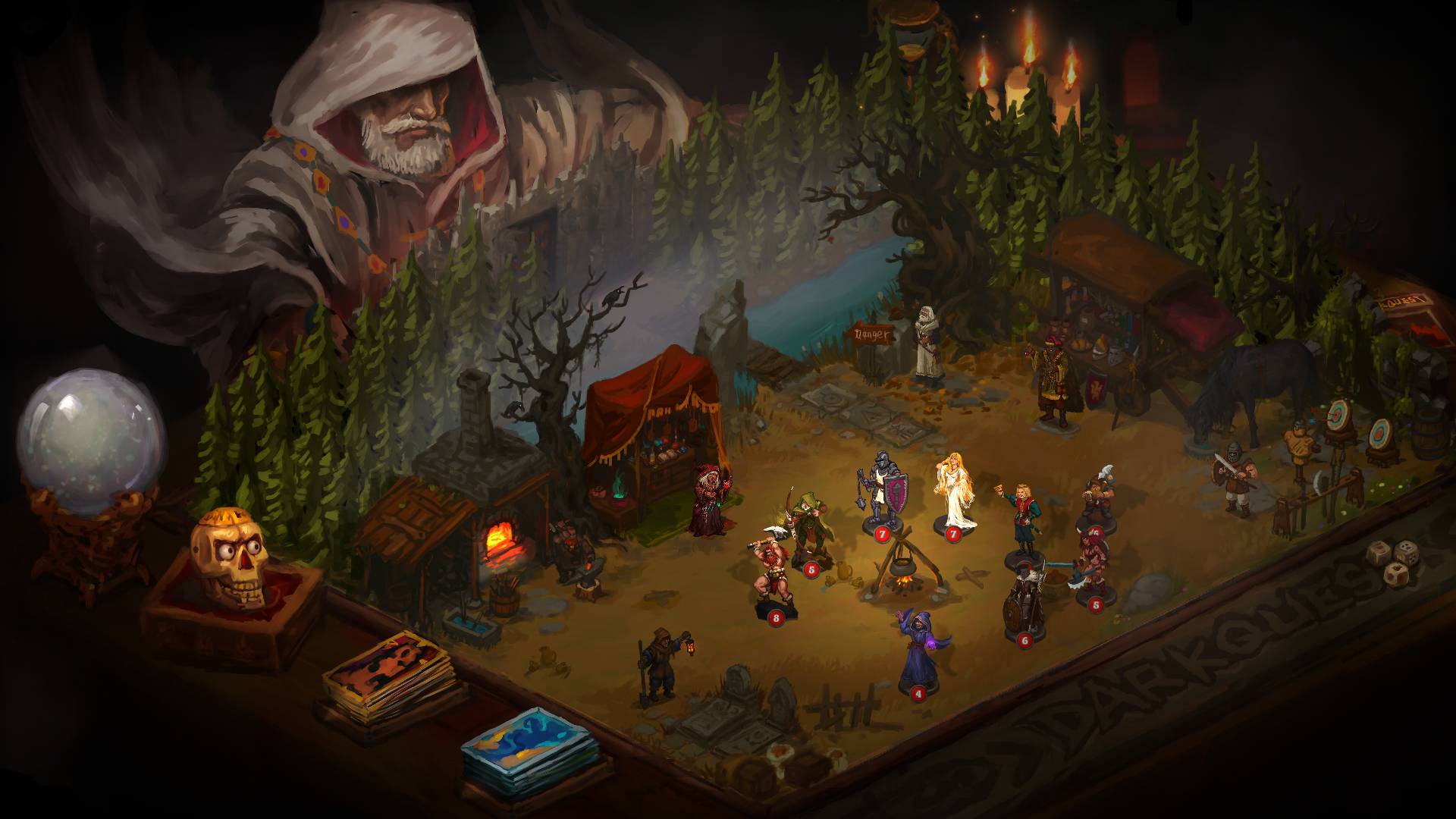 Dark-Quest-4-Turn tabanlı-RPG-Reveal Kırmızı kakmalarla beyaz pelerin giyen sakallı bir adam, bir kamp ateşinin etrafında oturan bir grup maceracıya bakar