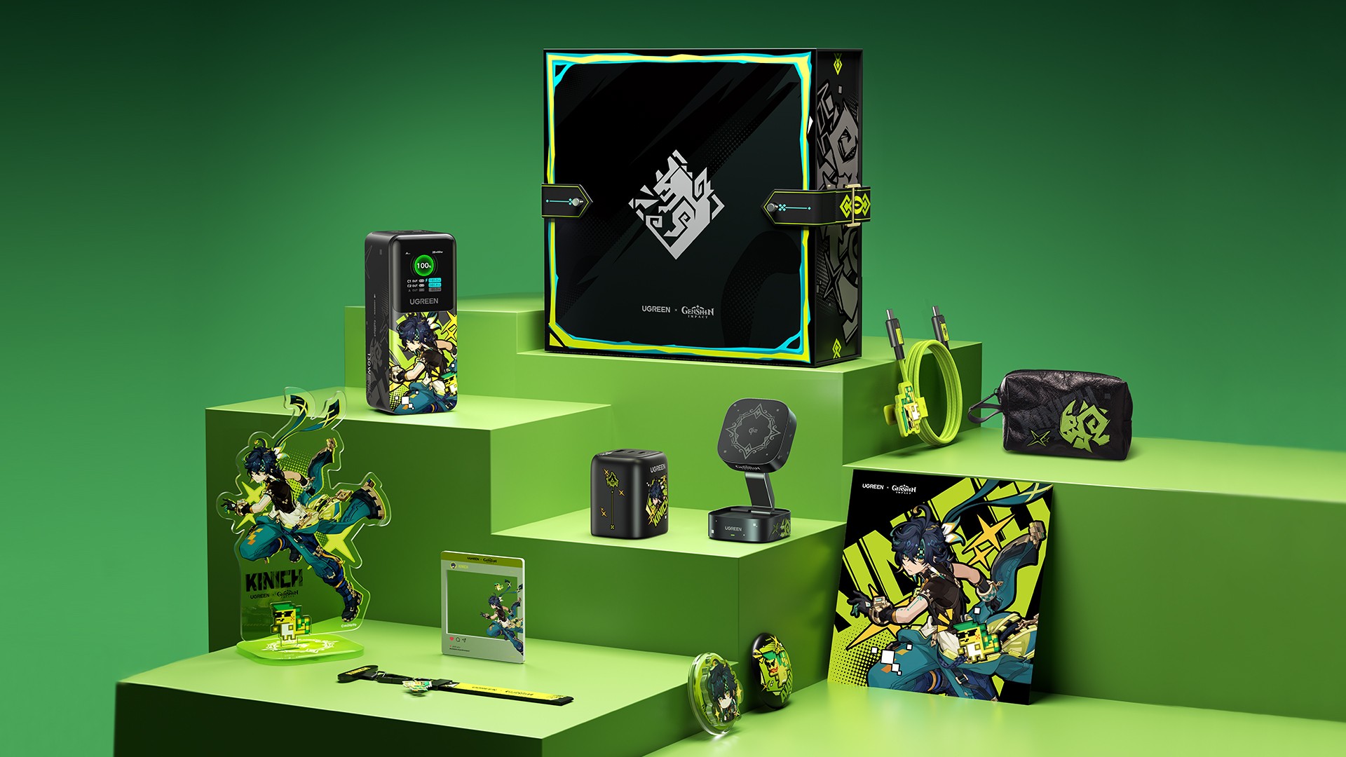 Ugreen x Genshin Etki İşbirliği Aksesuarları. Power Bank, Ultra Naylon Kablo Kablo, Taşınabilir 65W Gan Fast Şarj Cihazı ve Kablosuz Şarj Cihazı içerir.
