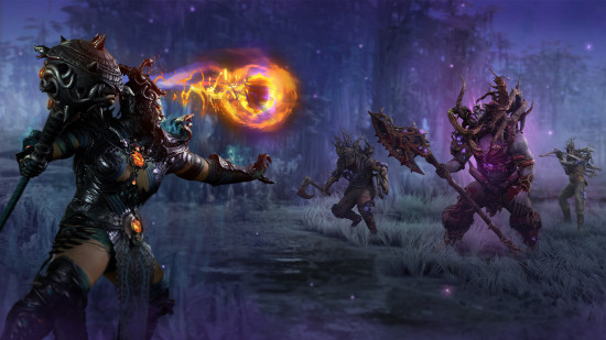 Diablo 4 Sezon 7 Keyartı Birden fazla savaşçının mor bir ormanda birbirleriyle savaşması.