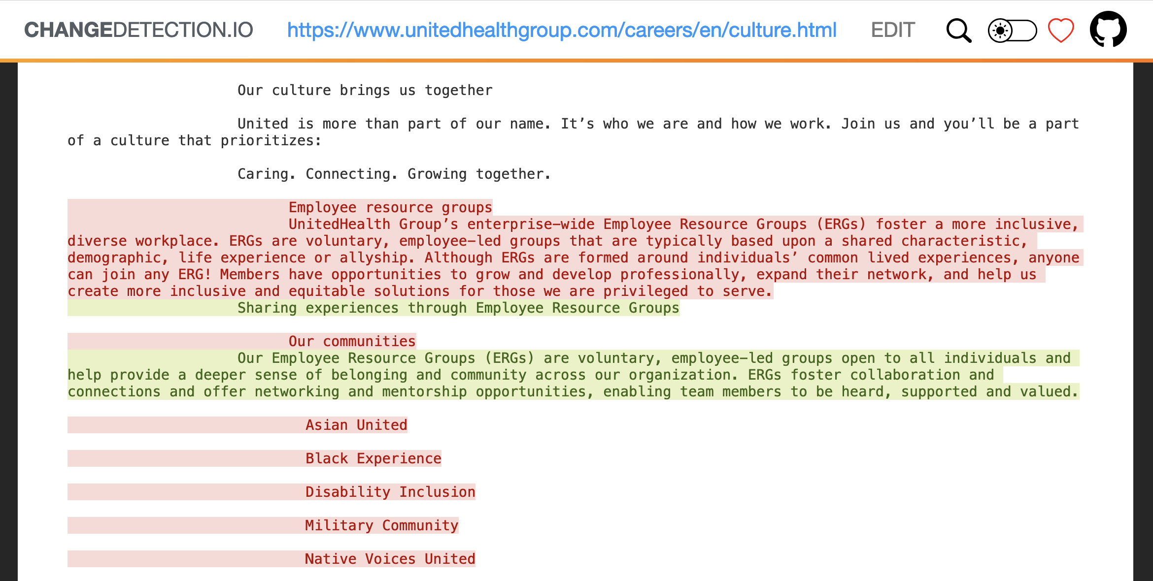 Hakkında bir sayfa gösteren bir web sayfası monitörünün ekran görüntüsü "Çalışan Kaynak Grupları" UnitedHealth'in web sitesinden kaldırıldı.