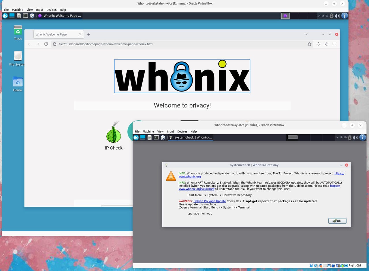 Whonix Gateway ve masaüstü aynı anda çalışıyor.