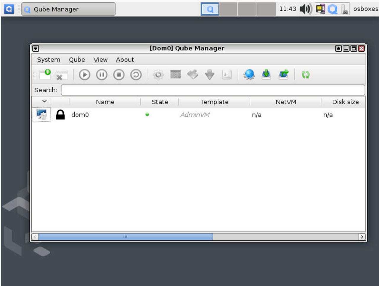 Qubes OS Qube yöneticisi.