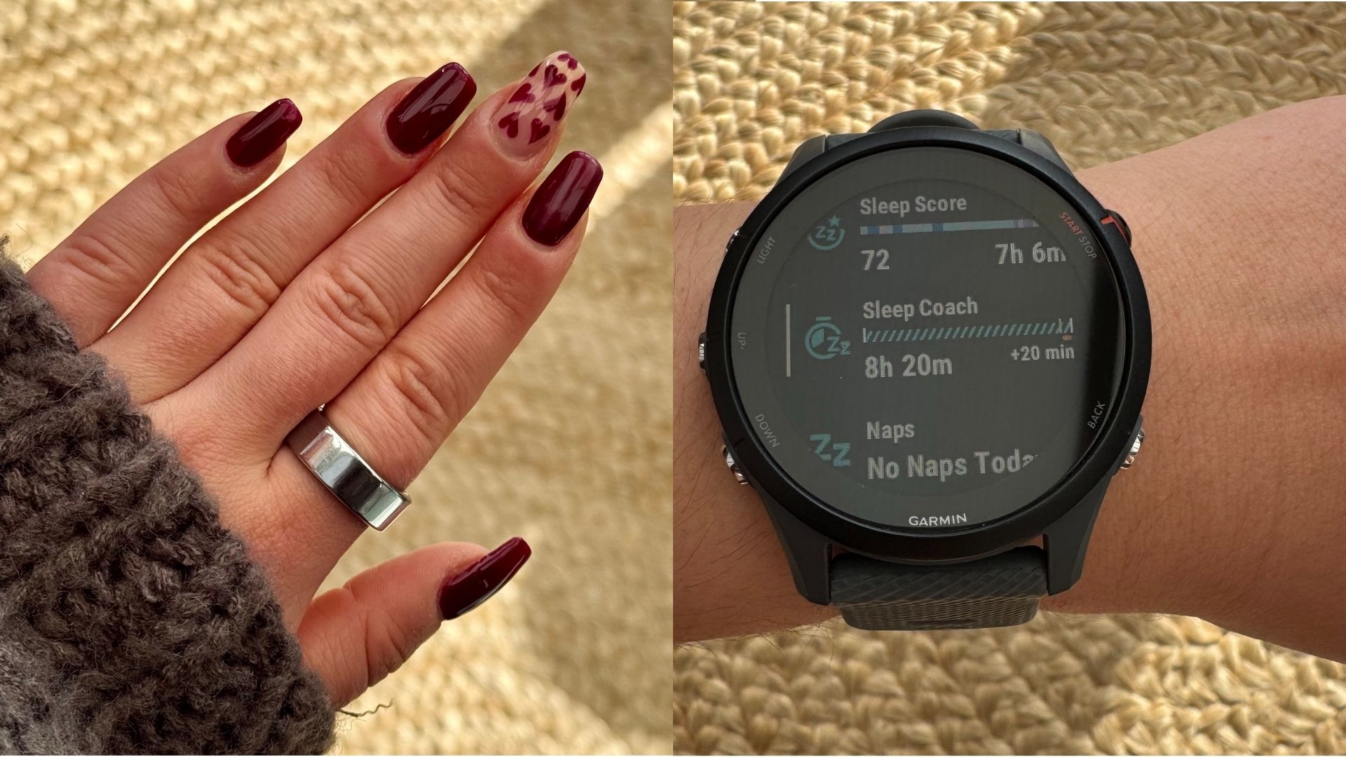 Gümüş Oura Ring 3 Kadın Elinde (solda) Uyku Koçluğu Gösteren Garmin Watch (Sağ)