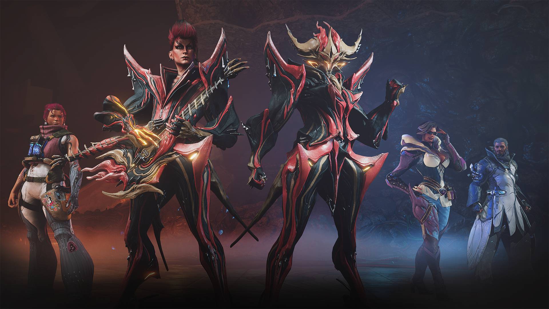 Bir grup glam kaya esintili Warframe karakteri, arkalarında kırmızı ve mavi dumanda bir arada duruyor
