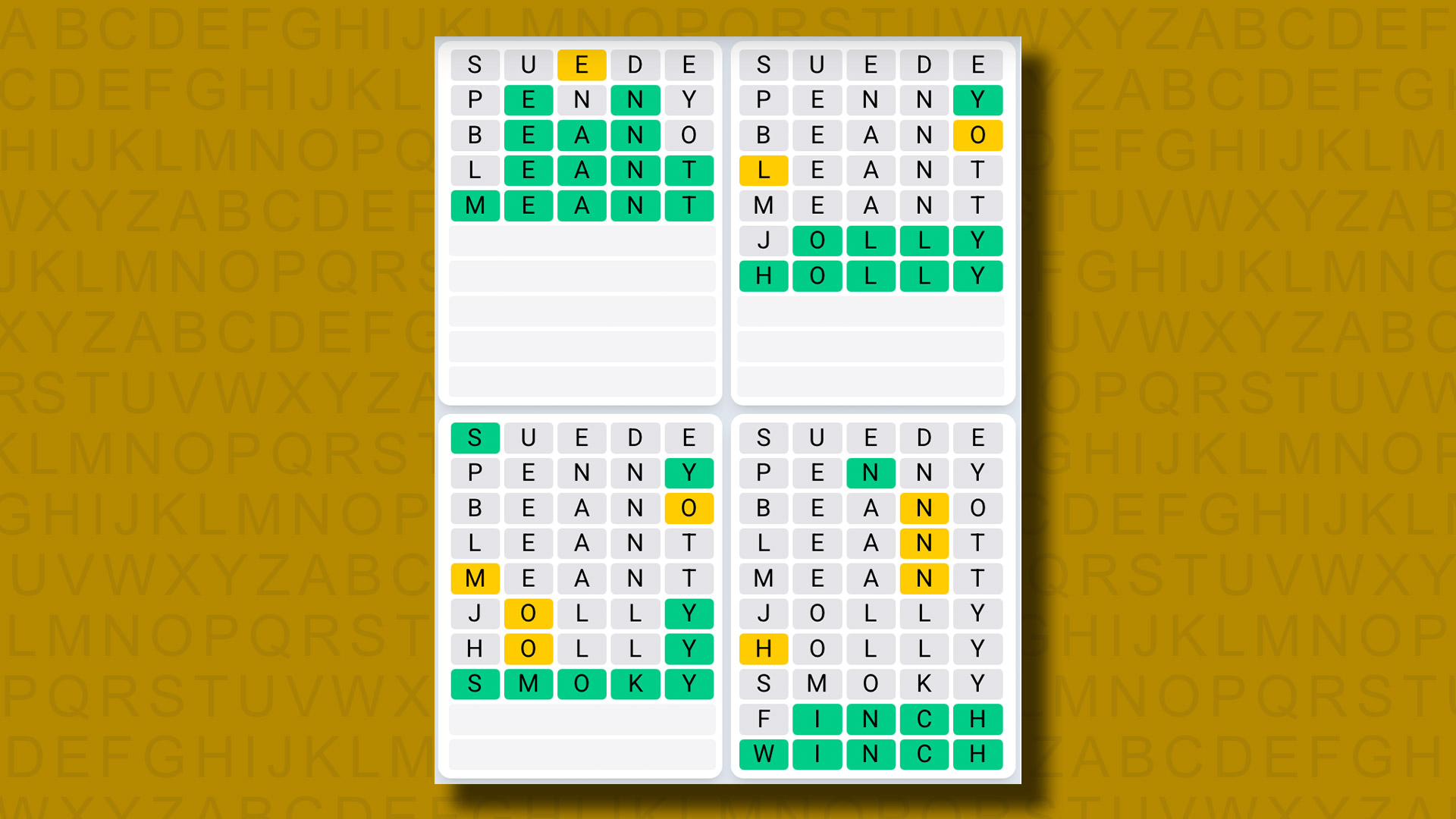 Quordle Daily Sekans Yanıtları Sarı Arka Planda 1160 Oyun için Cevaplar