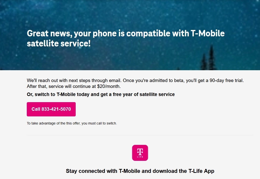 T-Mobile'ın e-postası, telefonunuzun StarLink Uydu Hizmeti ile uyumlu olup olmadığını görmenizi sağlar.