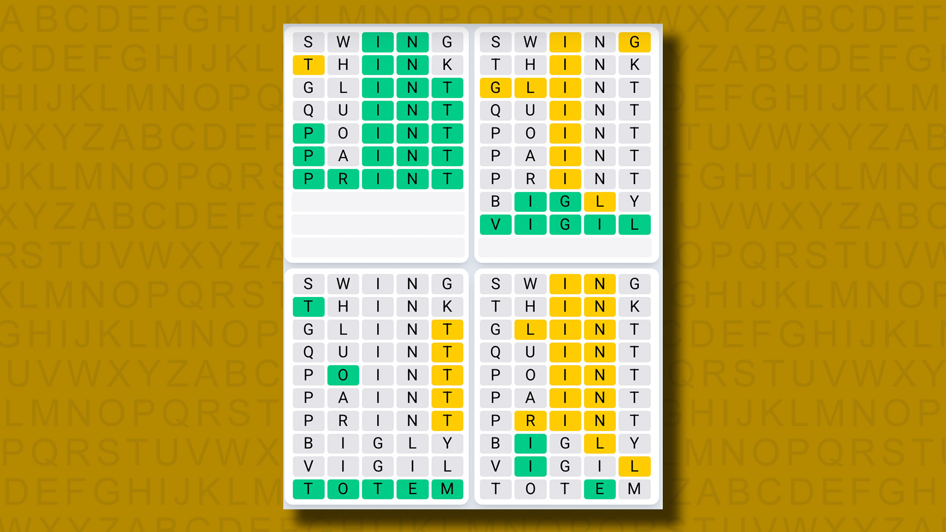 Quordle Günlük Sıra Yanıtları 1161 Oyun için Sarı Arka Planda