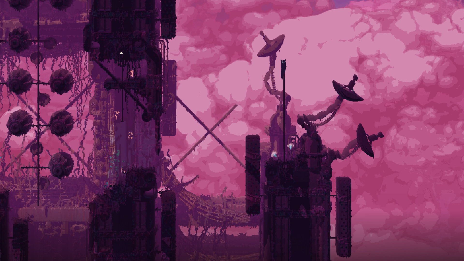 Rain World The Watcher DLC - 2D platform ve hayatta kalma oyununda punk renkli bir ortam.