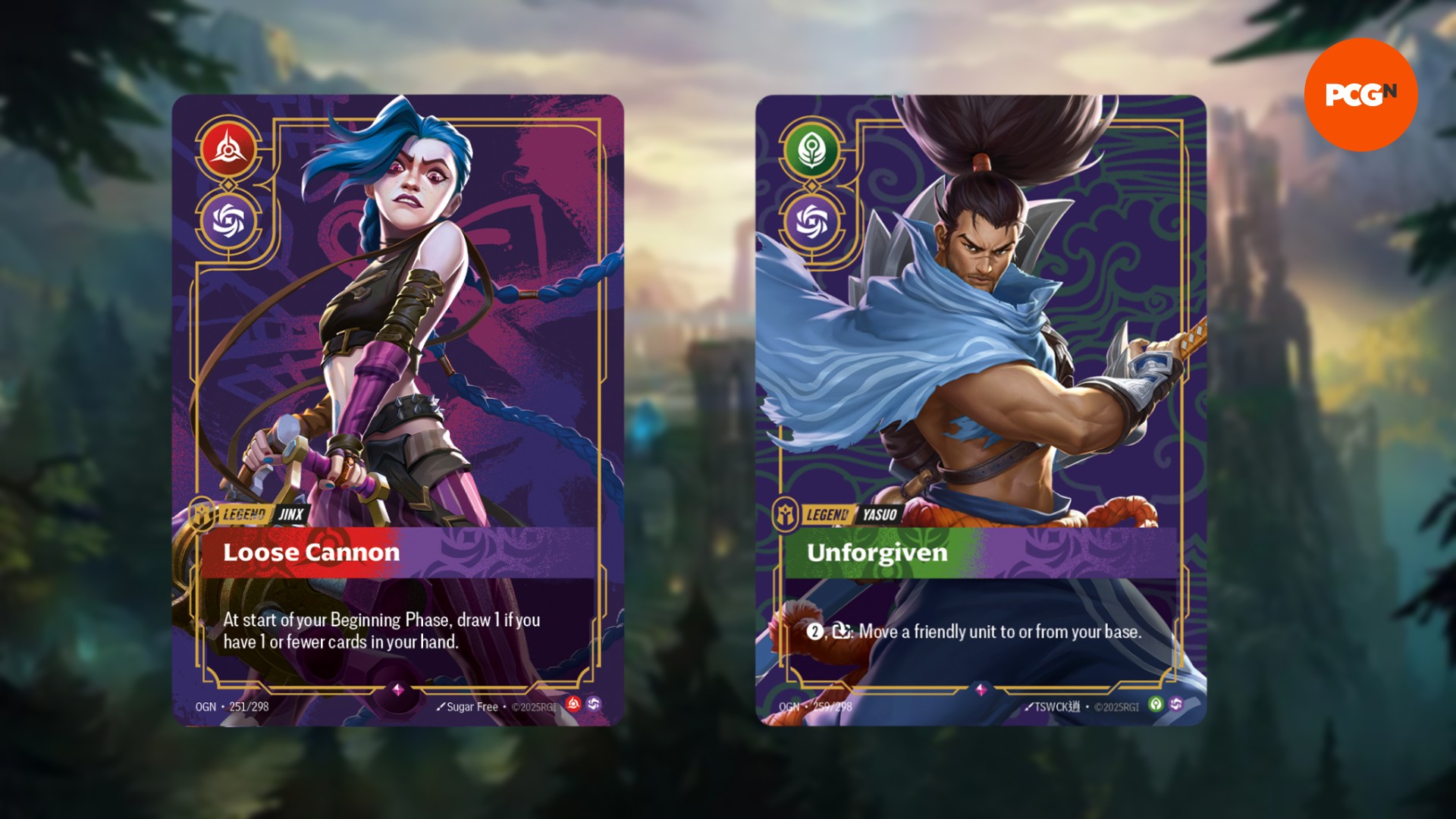 Lig-Legends-Card-Game-Game-RiftBound-Serdan Riot's League of Legends kart oyununun bir adı ve bir sürüm penceresi var: Ligi Ligleri TCG'den Yasuo ve Jinx kartları, Riftbound