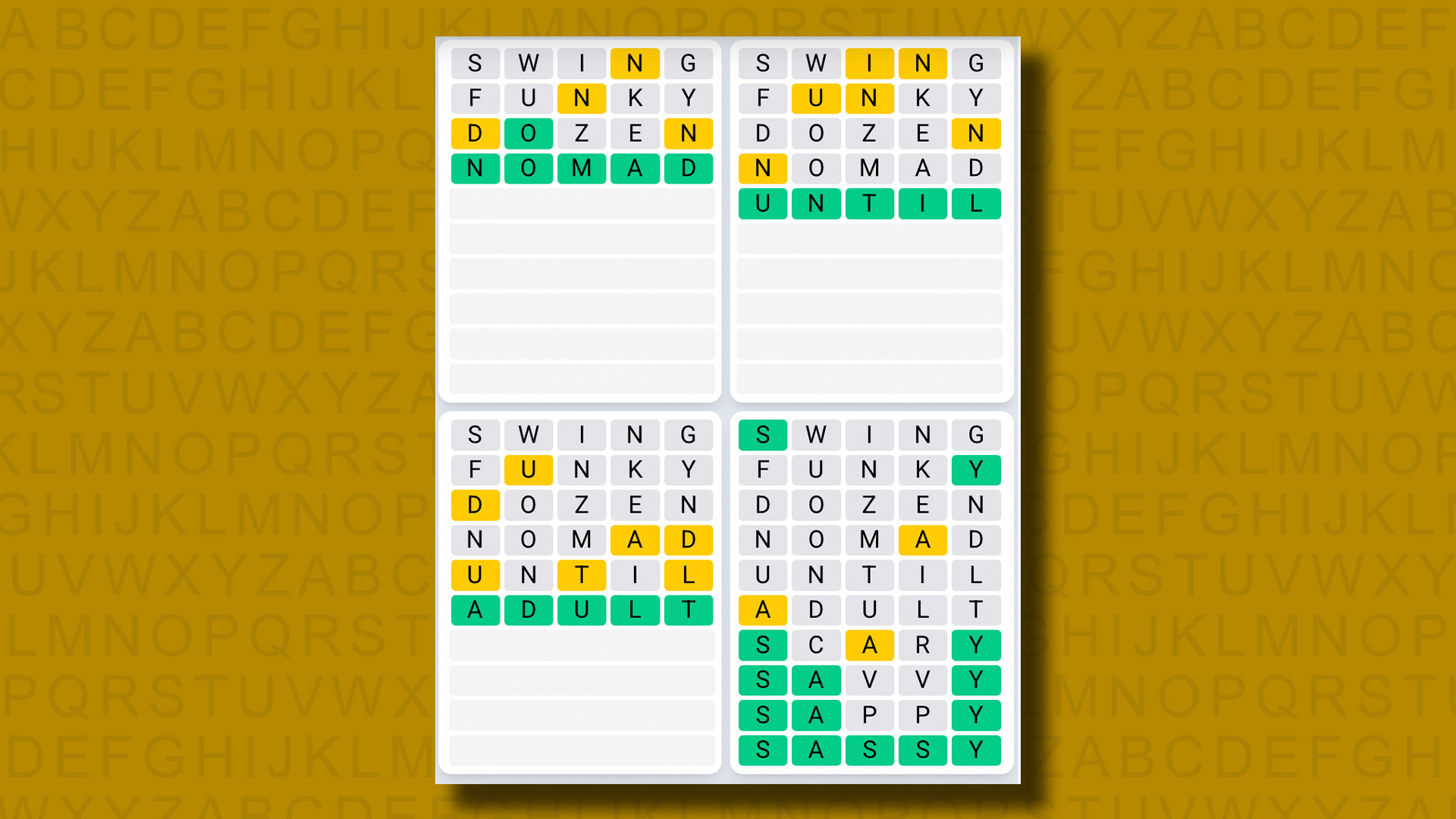 Quordle Daily Sequence, Sarı Arka Planda Oyun 1163 için Cevaplar