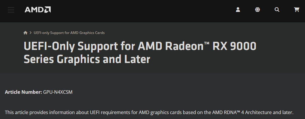 AMD UEFI-Yalnızca RDNA 4 için destek