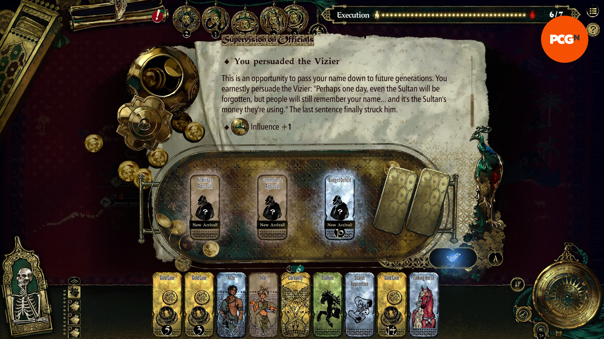 Sultan-oyunu-Steam-Card-Strategy-RPG-Vizier-EVENT Sultan'ın Oyunu - Oyuncu Vizier'i bir tartışmada yanına almaya ikna ediyor.