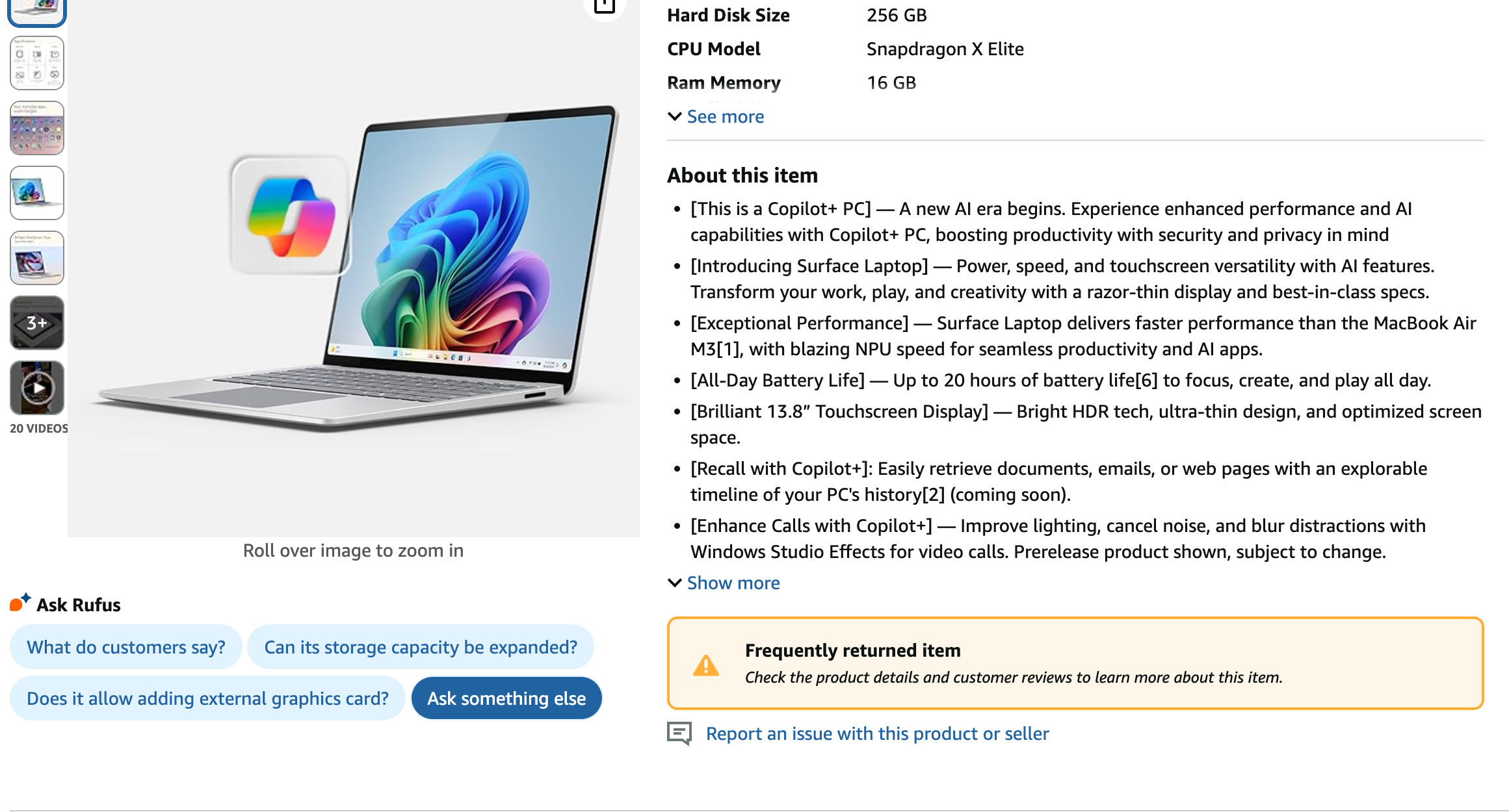 Surface dizüstü bilgisayar 7 ile Amazon'un ürün sayfasının bir ekran görüntüsü. 