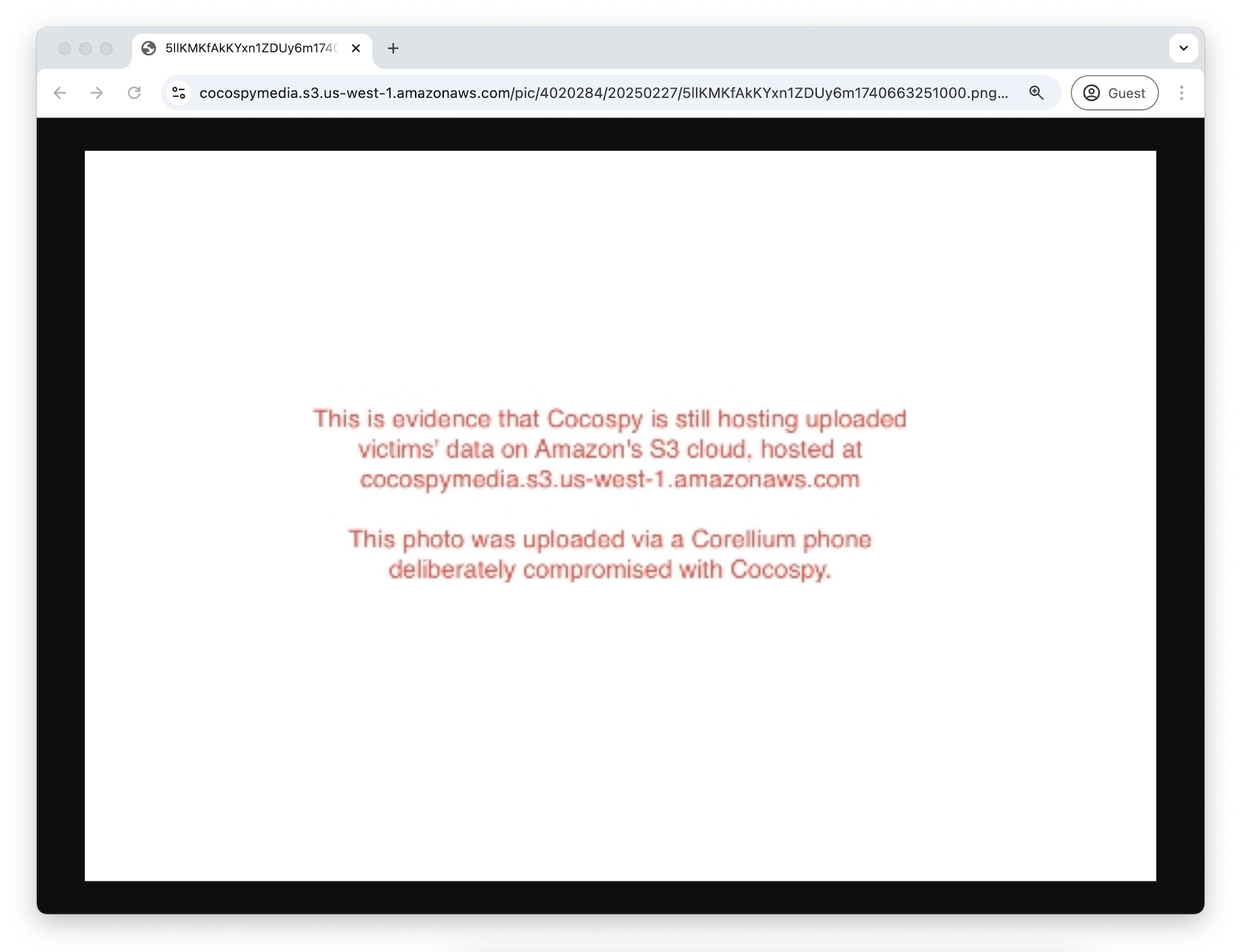 AWS'de barındırılan bir görüntüyü görüntüleyen bir tarayıcı penceresinin ekran görüntüsü: "Bu, Cocospy'nin hala Cocospymedia'da barındırılan Amazon'un S3 Cloud'daki yüklenmiş kurbanların verilerini barındırdığının kanıtıdır."
