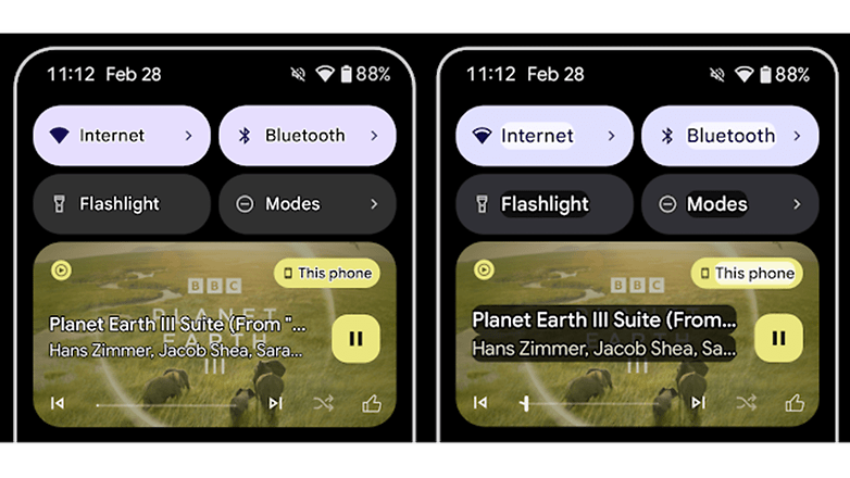 Akıllı telefon ekranı hızlı erişim ayarları ve 'Planet Earth III Suite' için bir medya oynatıcıyı gösterir.