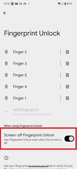 Ekran görüntüsü, Android 16'daki ekran-kapama parmak izi kilidini açma özelliğini nasıl etkinleştirebileceğinizi gösterir.