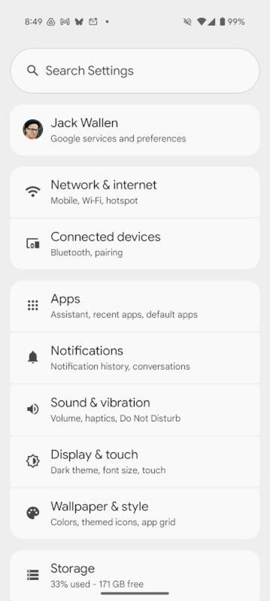 Android 15 Ayarlar menüsü.