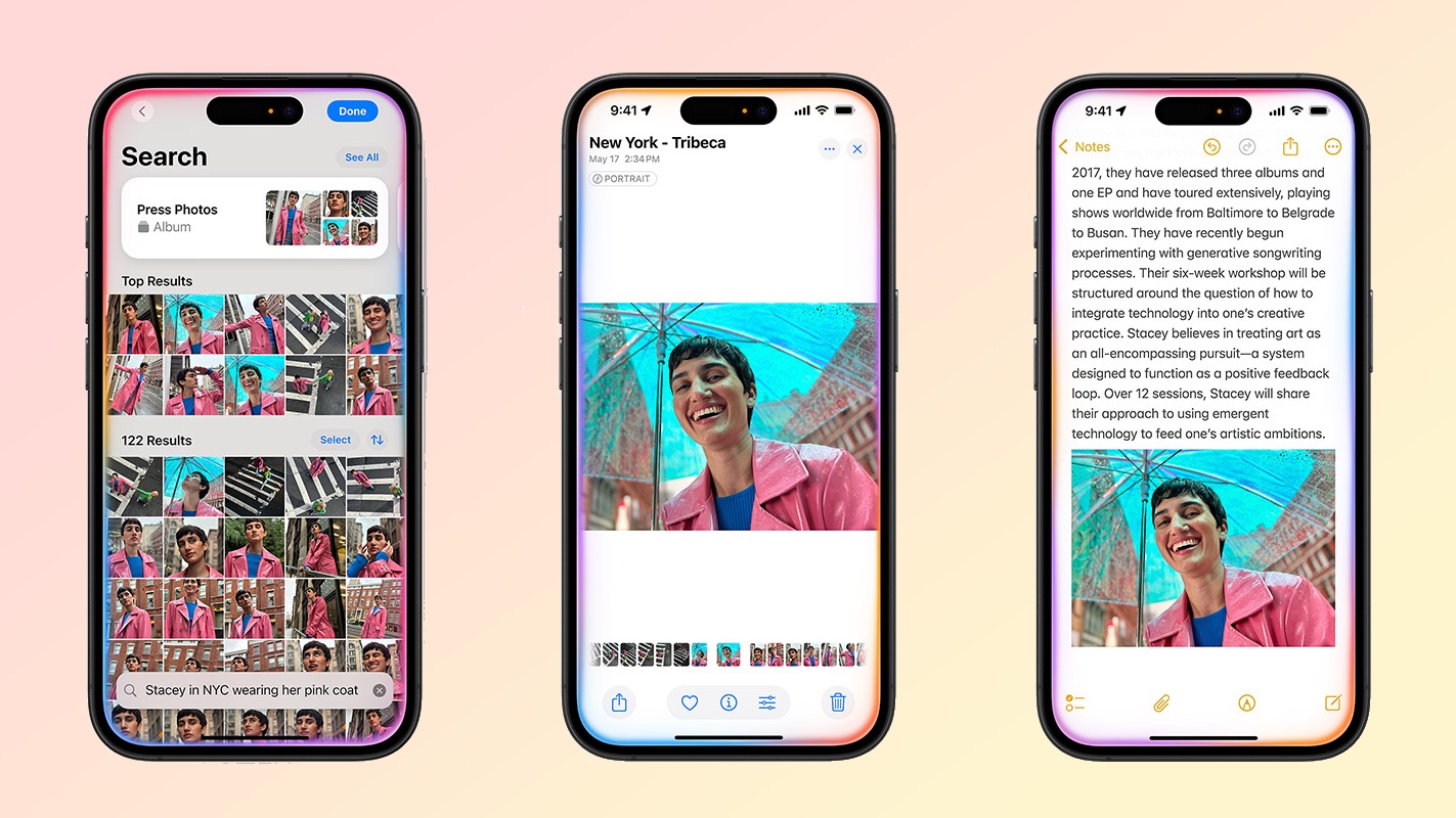 Siri'nin Apple Intelligence ile birden çok uygulamada çalıştığını gösteren ekran görüntüleri