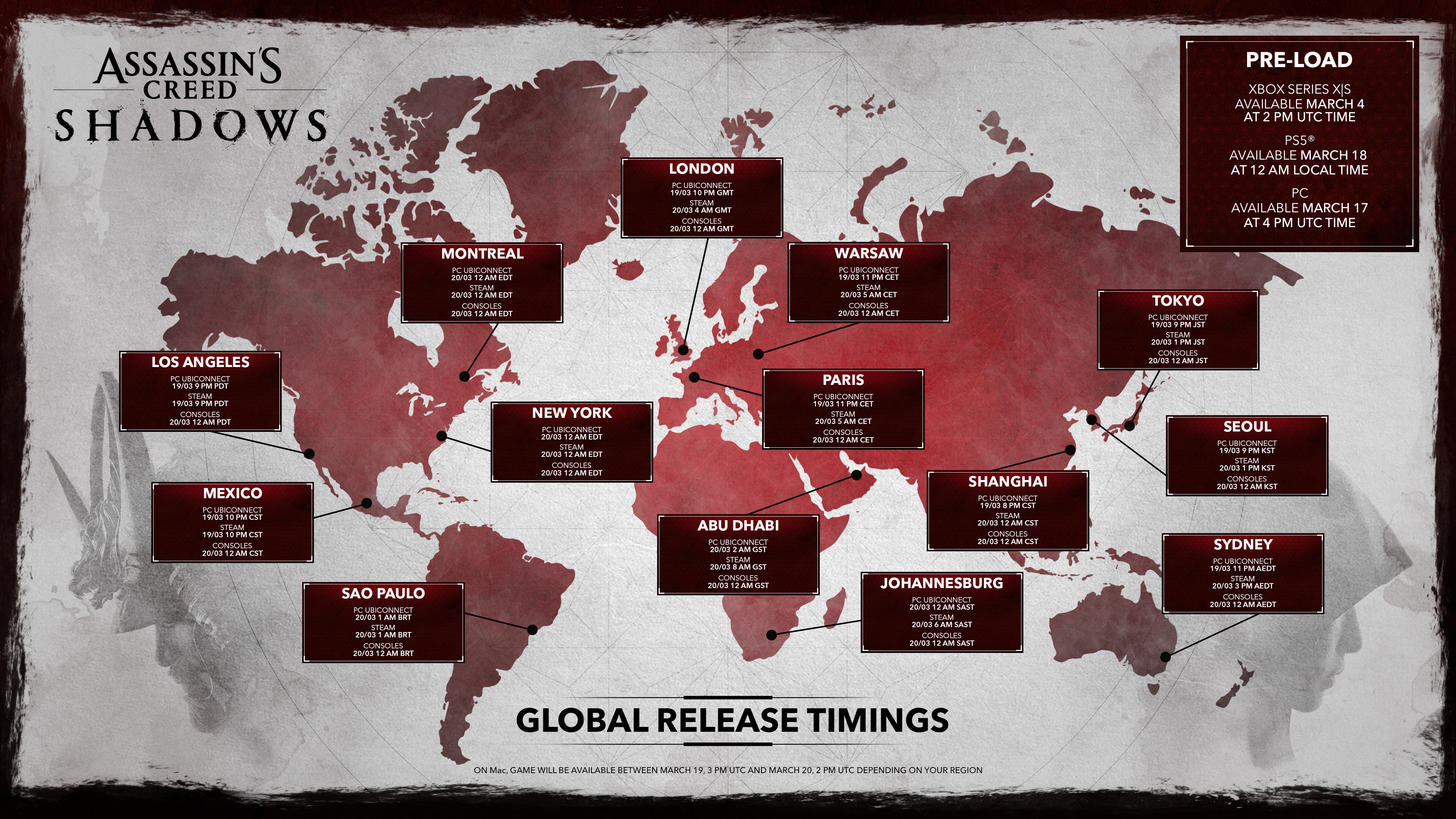 Assassin's Creed Shadows dünya çapında yayın zamanlamaları