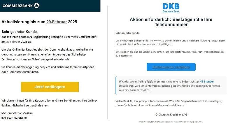 İki kimlik avı e -postasının ekran görüntüleri