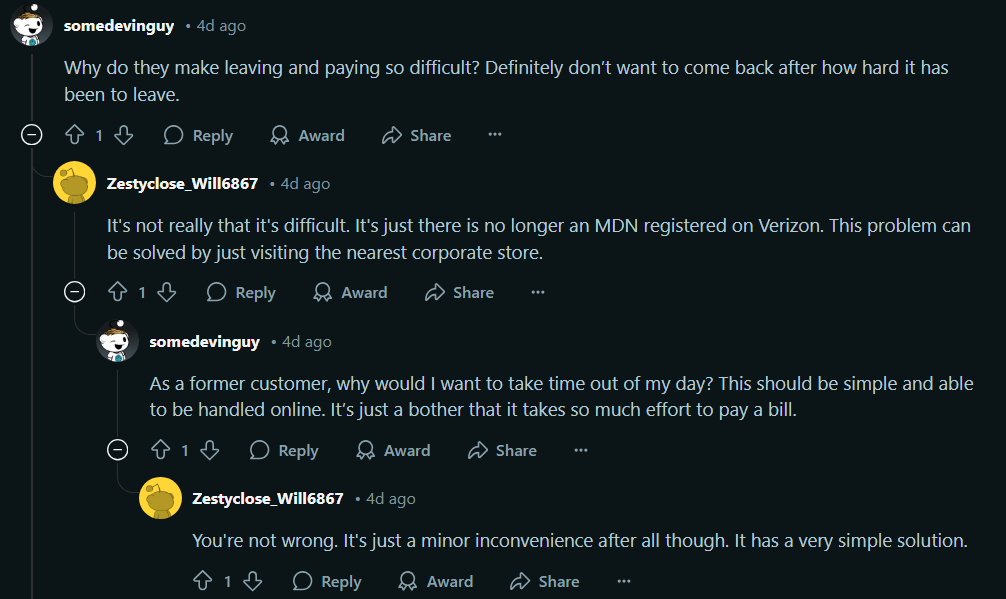 Görüntü Kaynağı - Reddit - Bu kullanıcı Verizon'a 32 sent borçlu ve seçenekleri tükeniyorlar