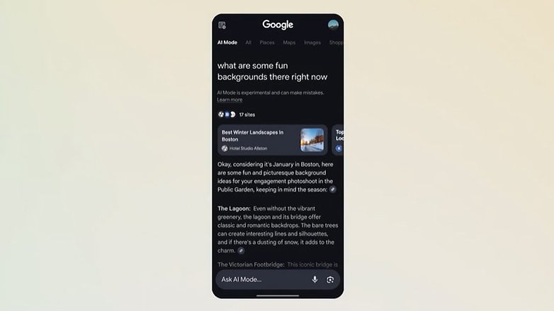 Google Arama Arayüzü, Boston'daki fotoğraf çekimleri için komik arka plan fikirleri gösterir.