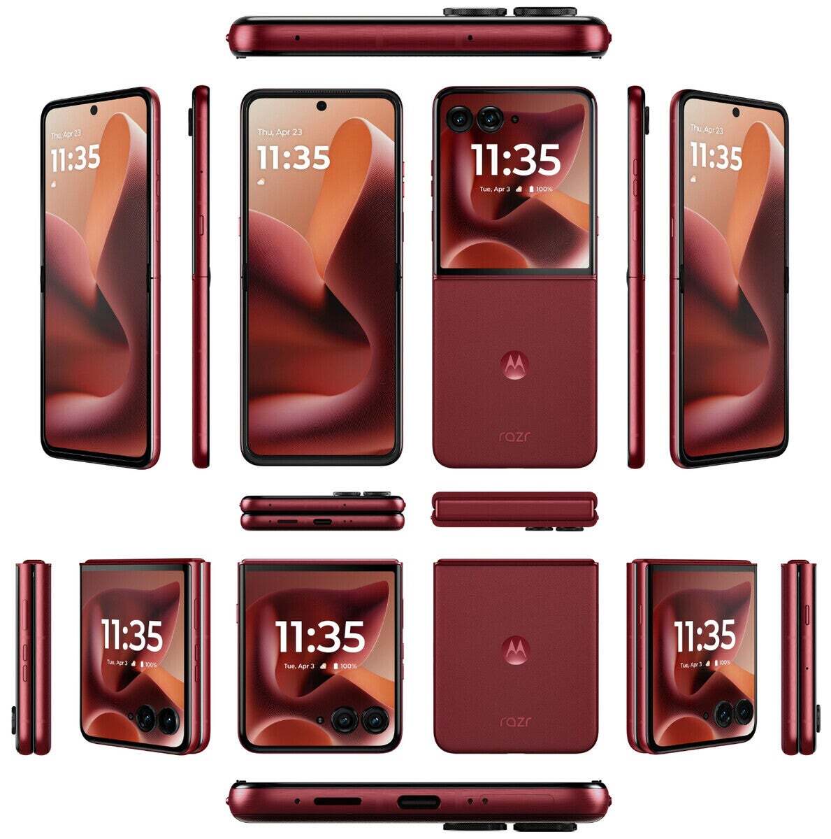 Farklı katlanır durumlarda kırmızı renkte Razr Plus'ı (2025) gösteren render.