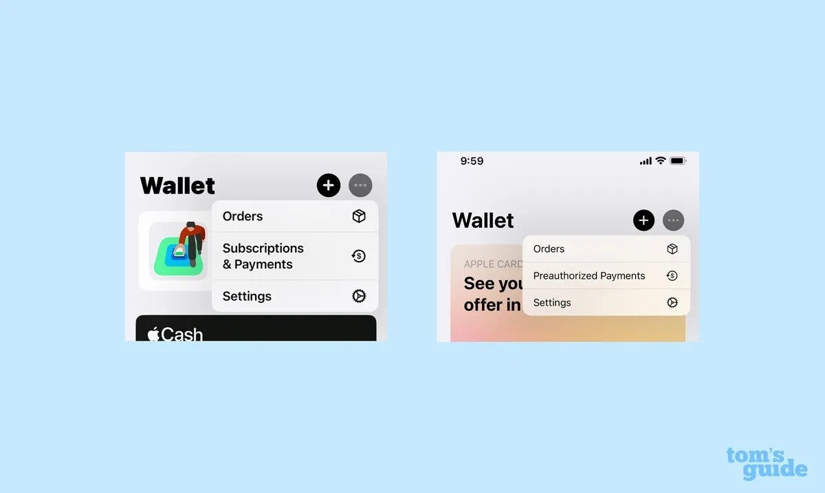 Apple cüzdan uygulama arayüzünün iki ekran görüntüsü, seçenekleri içeren bir menü gösteriyor.