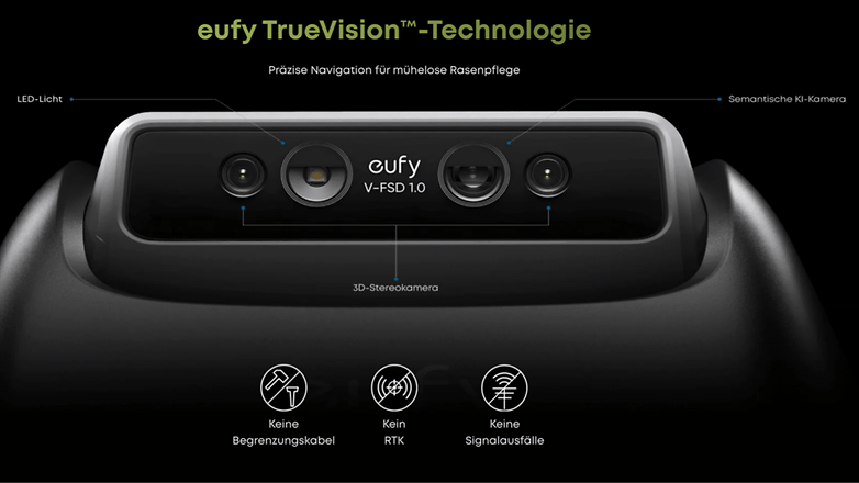 Zahmetsiz çim bakımı için hassas navigasyona sahip eufy truevision teknolojisi; LED ışık ve 3D stereo kamera. Zahmetsiz çim bakımı için hassas navigasyona sahip eufy truevision teknolojisi; LED ışık ve 3D stereo kamera.