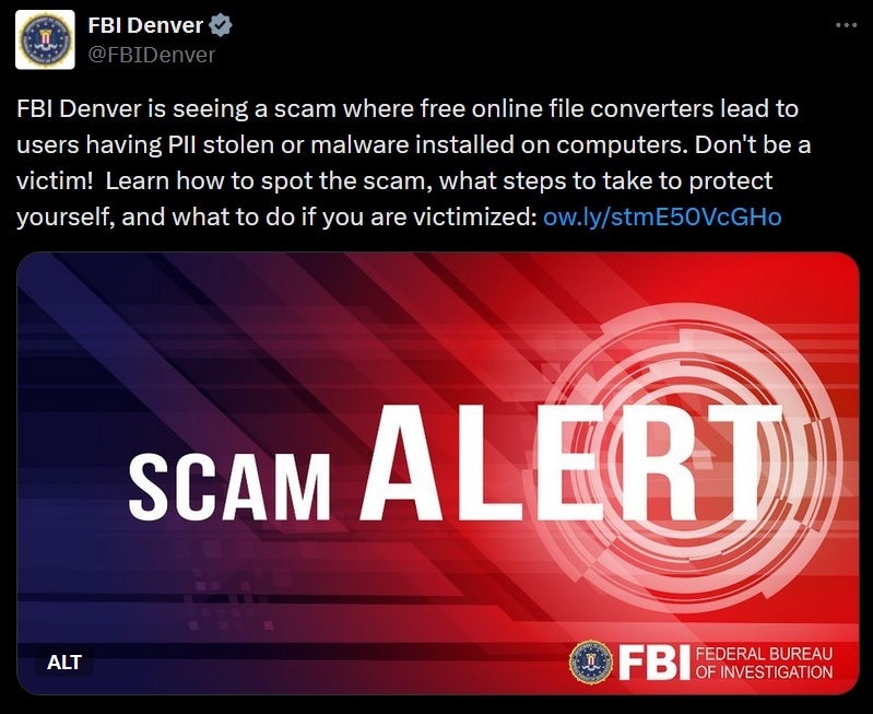 Denver FBI, bir dosya dönüştürücü aracı içeren web sitesinden kaçınmak için telefon ve bilgisayar kullanıcılarını uyarıyor. | Image Credit -FBI - FBI telefon ve PC kullanıcılarına bu web sitelerini kullanmamalarını söyler
