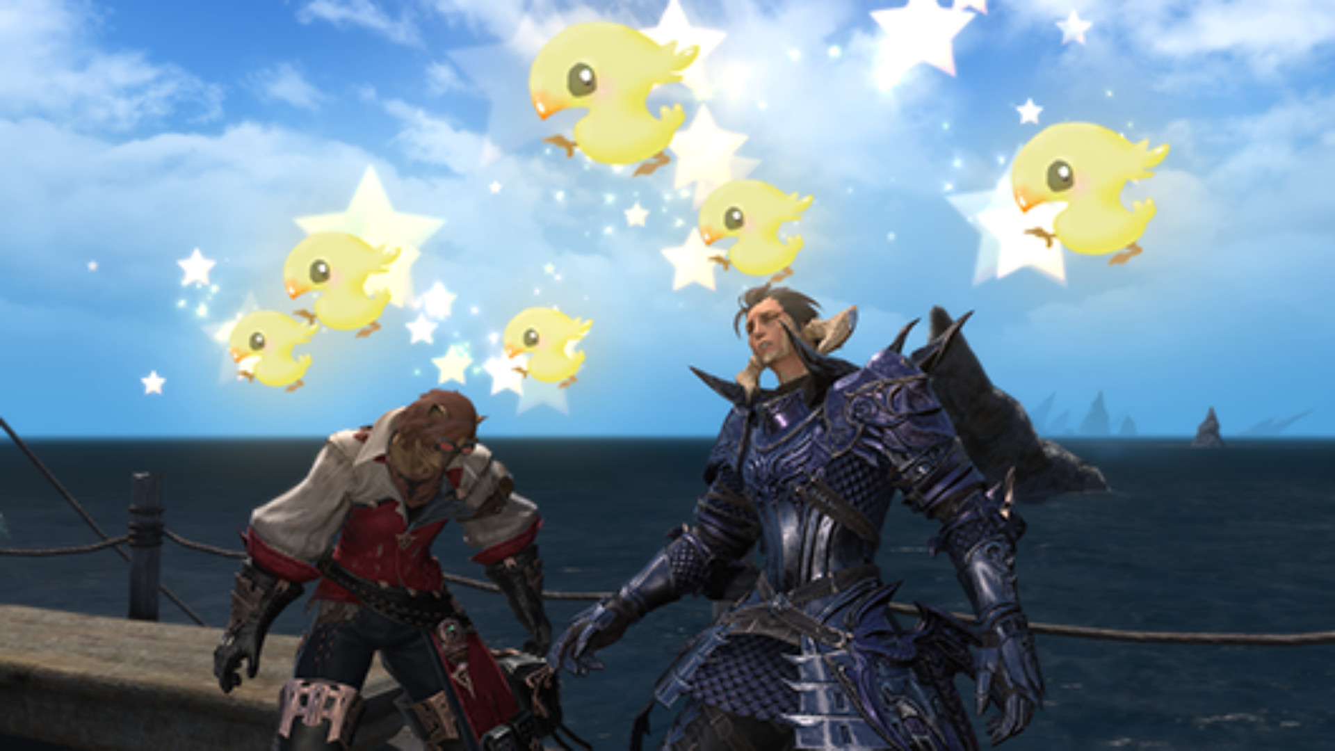 FF14-7-2-Patch-Notes-Emotes FF14 Patch 7.2 - Bebek Chocobos Sersemletilmiş karakterlerin kafalarının etrafında daire.
