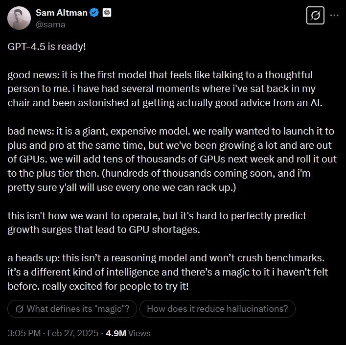 Sam Altman, Openai'nin GPU cipslerinin dışında olduğunu itiraf ediyor. | Image Credit-X-GPU sıkıntısı Openai'ye çarpıyor, CHATGPT-4.5'in piyasaya sürülmesini geciktiriyor