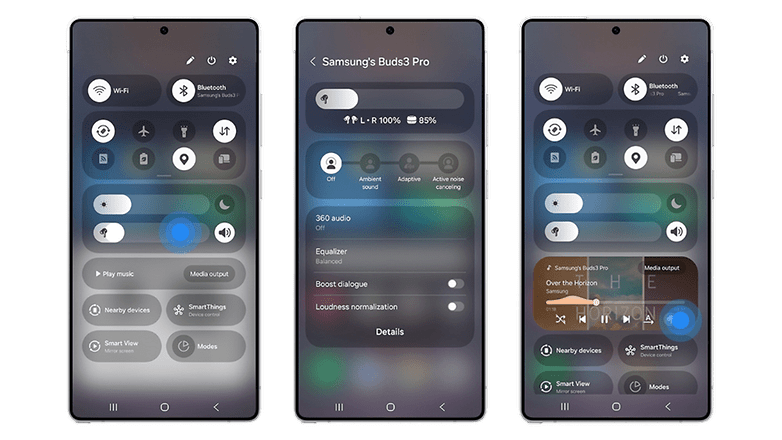 Samsung cihaz yüzeyi Buds3 Pro ve bağlantı seçenekleri için kontroller gösterir. Samsung cihaz yüzeyi Buds3 Pro ve bağlantı seçenekleri için kontroller gösterir.