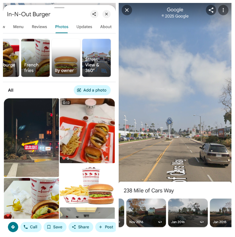 “Sokak görünümü ve 360 ​​derece” yazan biri de dahil olmak üzere, In-N-Out Burger'den birkaç küçük resim altında fotoğraf gösteren fotoğraf. Doğru: Google, küçük resimler ve aşağıdaki tarihleri ​​olan Street fotoğrafını haritalar.