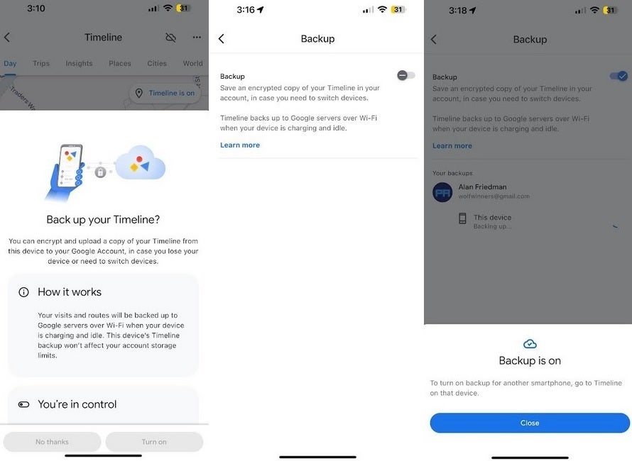Ekran görüntüleri, iOS ve Android'de zaman çizelgesi veri yedeklerinin nasıl etkinleştirileceğini gösterir.