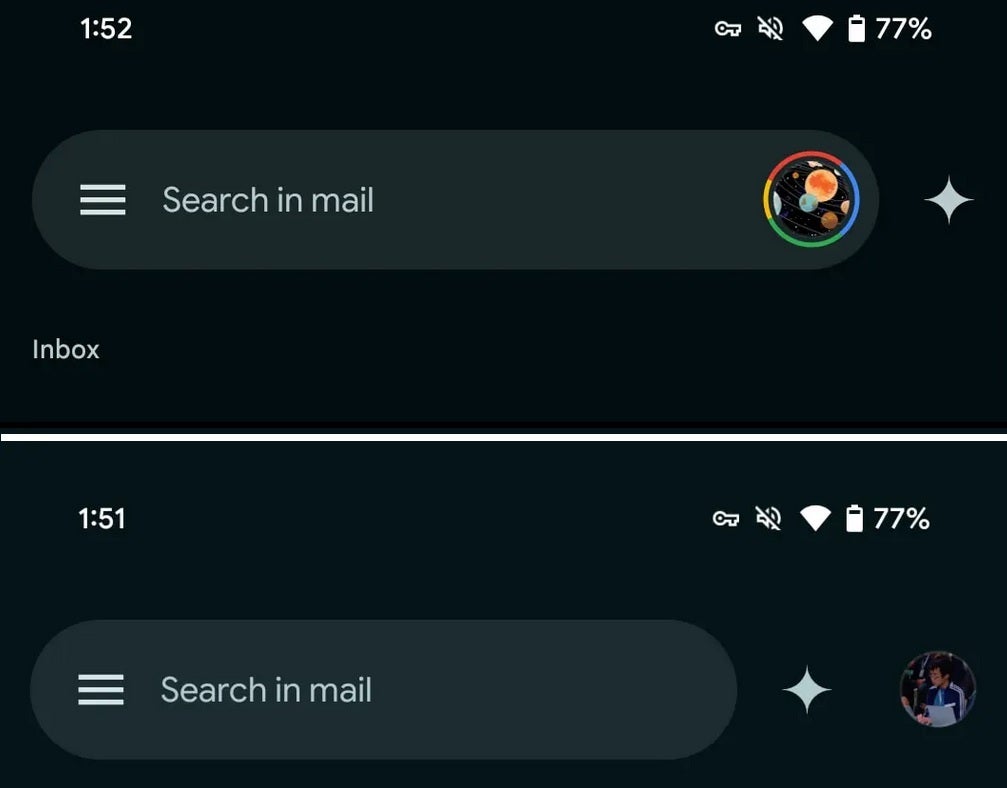 Üstte, yeni görünüm altındaki Google Hesap Anlatıcısının önceki konumu. | Image Credit -9TI5Google - Hesap değiştirici, Android uygulaması için Gmail'deki önceki konumuna geri dönüyor
