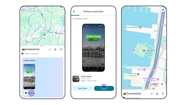 NYC'deki Little Island'dan kartlar ve ekran görüntüleri görüntüleyen üç akıllı telefon.