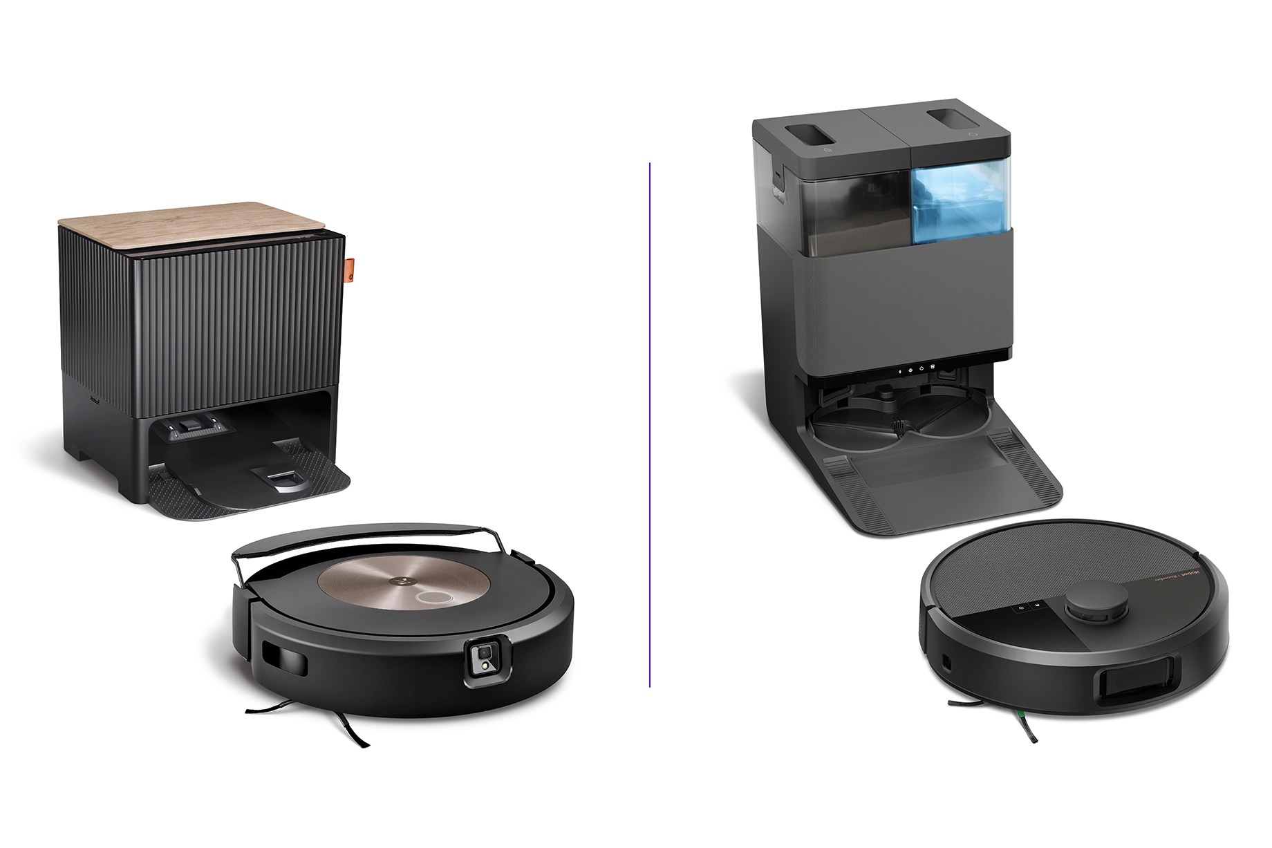 Sol: Mevcut çok fonksiyonlu rıhtım tasarımı ile Irobot'un Combo J9 Plus. Sağ: Yeni çok işlevli rıhtım tasarımı ile yeni Roomba 505.