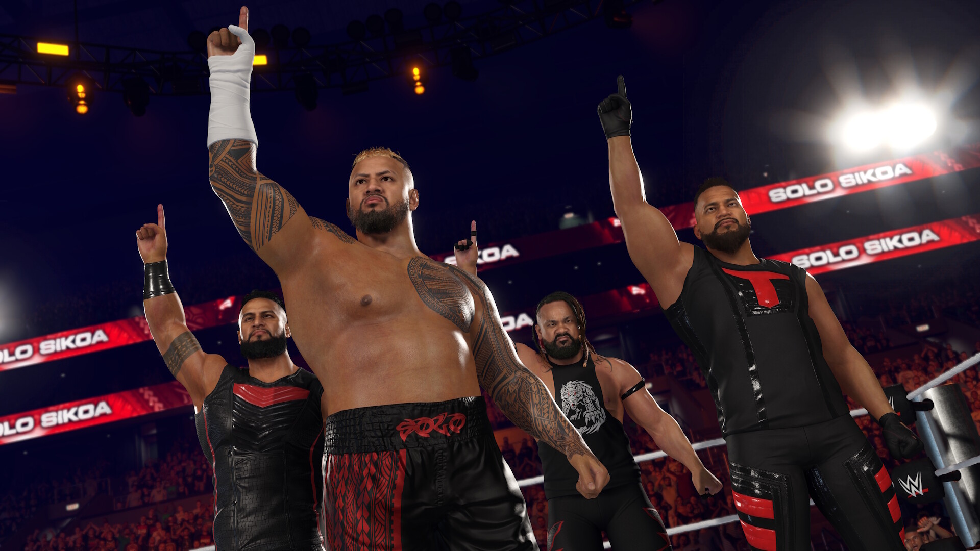 Solo Sikoa'nın tanıtım ekran görüntüsü ve WWE 2K25'teki kan çizgisi fraksiyonu.