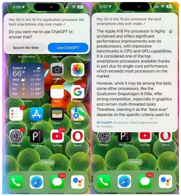 Siri'nin Apple Intelligence ile bazı sorguları cevaplamak için ChatGPT'yi nasıl kullandığına örnek.