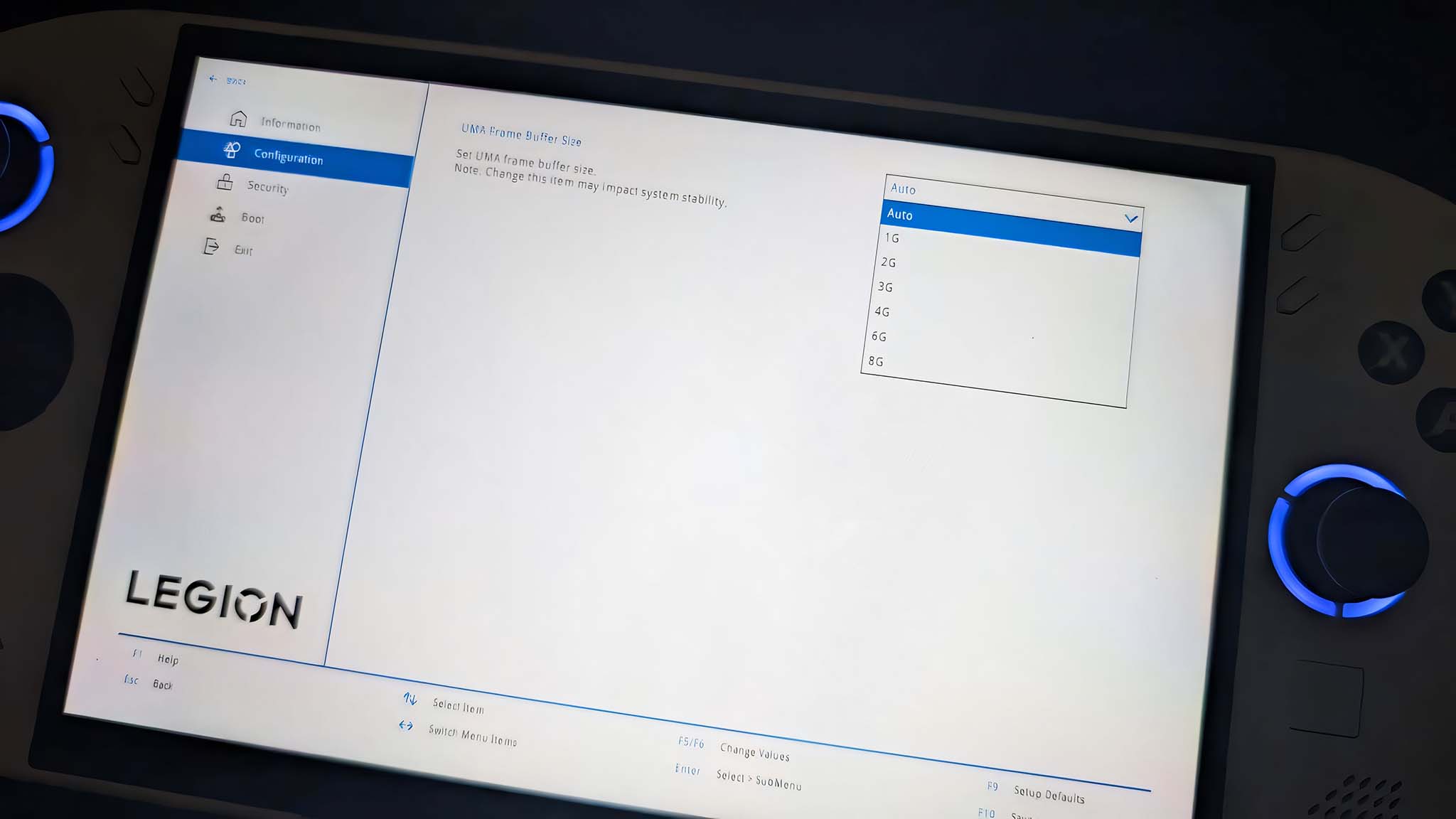 Legion Go S BIOS ekran menüsü VRAM açılır seçenekleri.