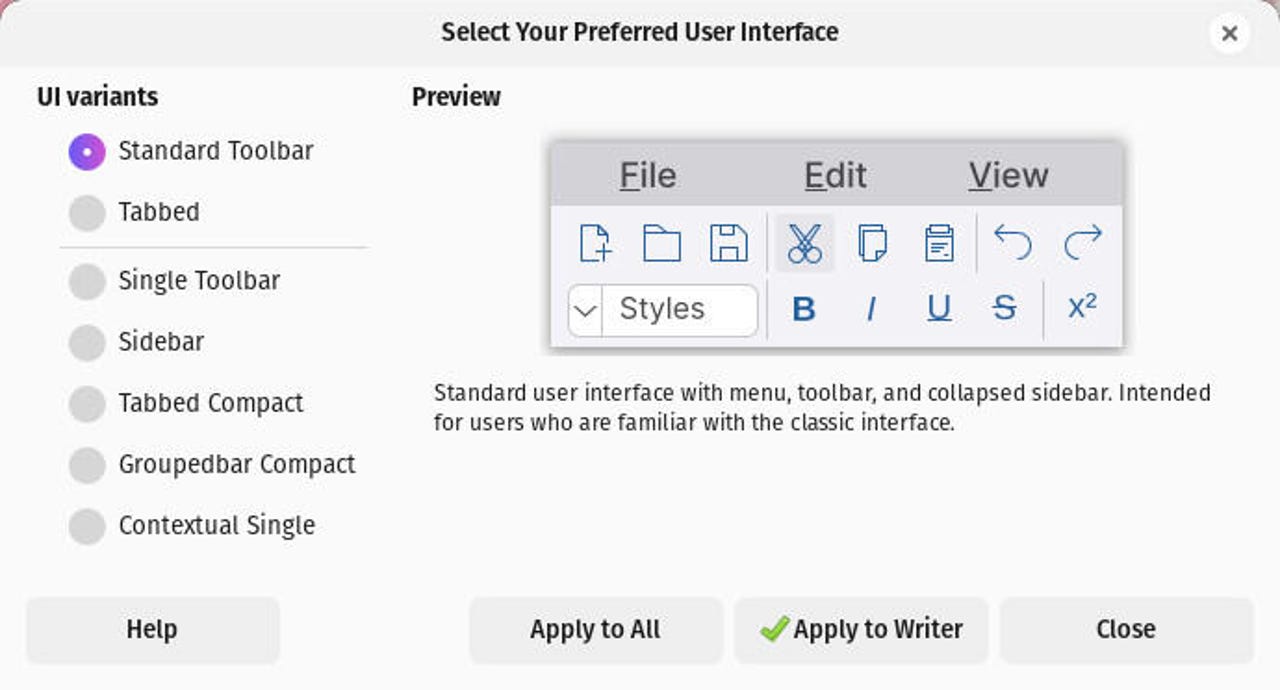 LibreOffice UI seçici.