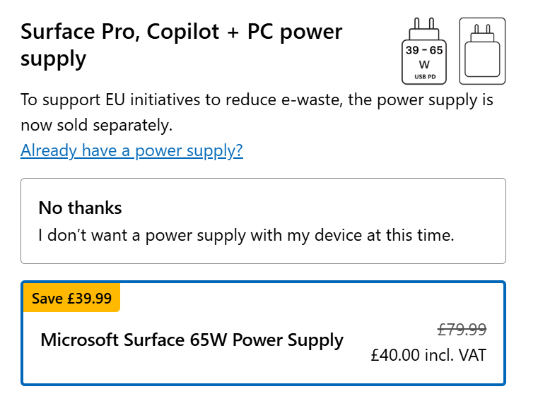 Check -out sırasında Surface Pro Güç Kaynağı seçeneği.