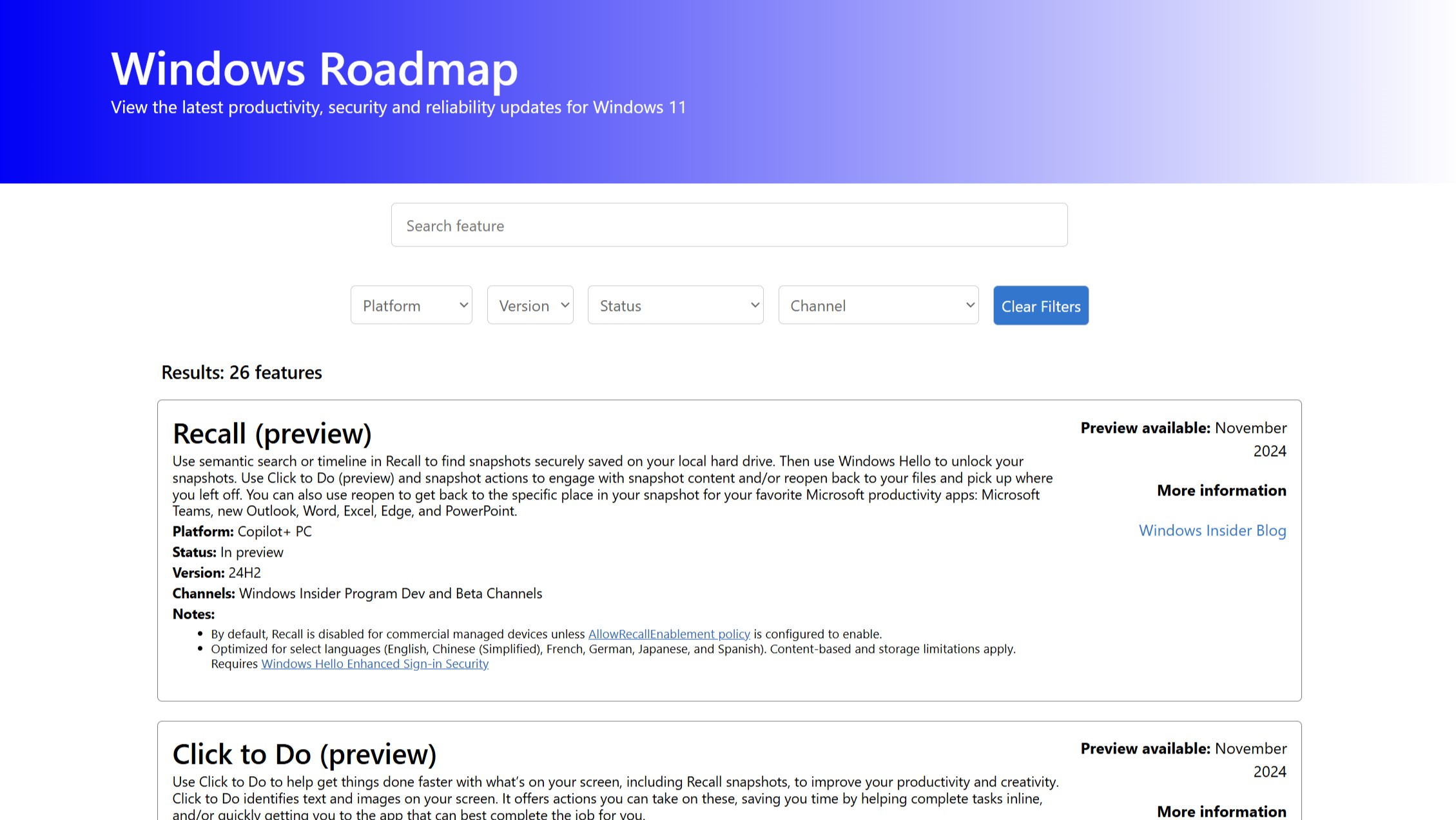 Windows Roadmap web sitesi