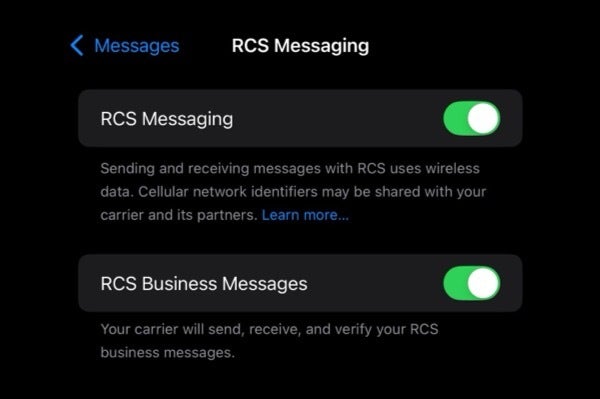 Kullanıcıdan ekran görüntüsü artık Mint Mobile'a bağlı bir iPhone'da RCS'yi etkinleştirme seçeneğini alıyor