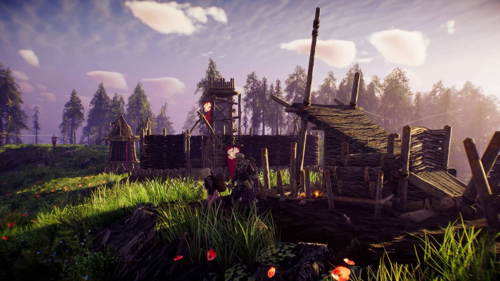 Aska-Viking-Survival-Game-Valheim-New-Update-Lakes-Outposts-Steam-Sale Yeşil göl ortamında inşa edilmiş ahşap bir karakol