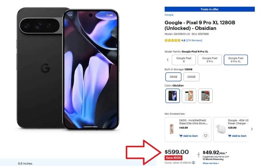 Best Buy '#039; Pixel 9 Pro XL için listeleme 599 $' lık yanlış bir fiyat gösterir.