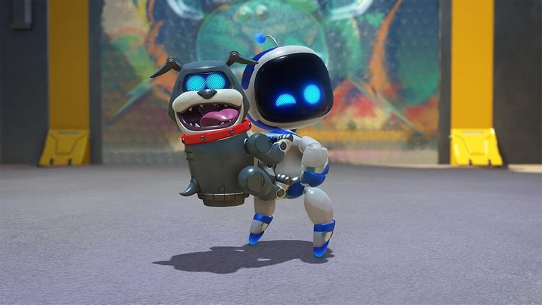 Mavi mavi bir robot, renkli, karikatür benzeri bir ortamda mutlu bir köpek tutar.