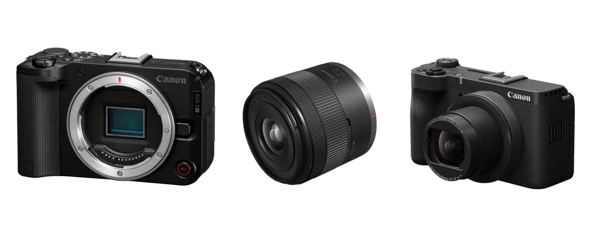 APN hibrid Canon EOS R50V, RF-S 14-30mm f/4-3 zoom, Canon Photo'dan monte edilen STM PZ ve kompakt PowerShot V1'dir.